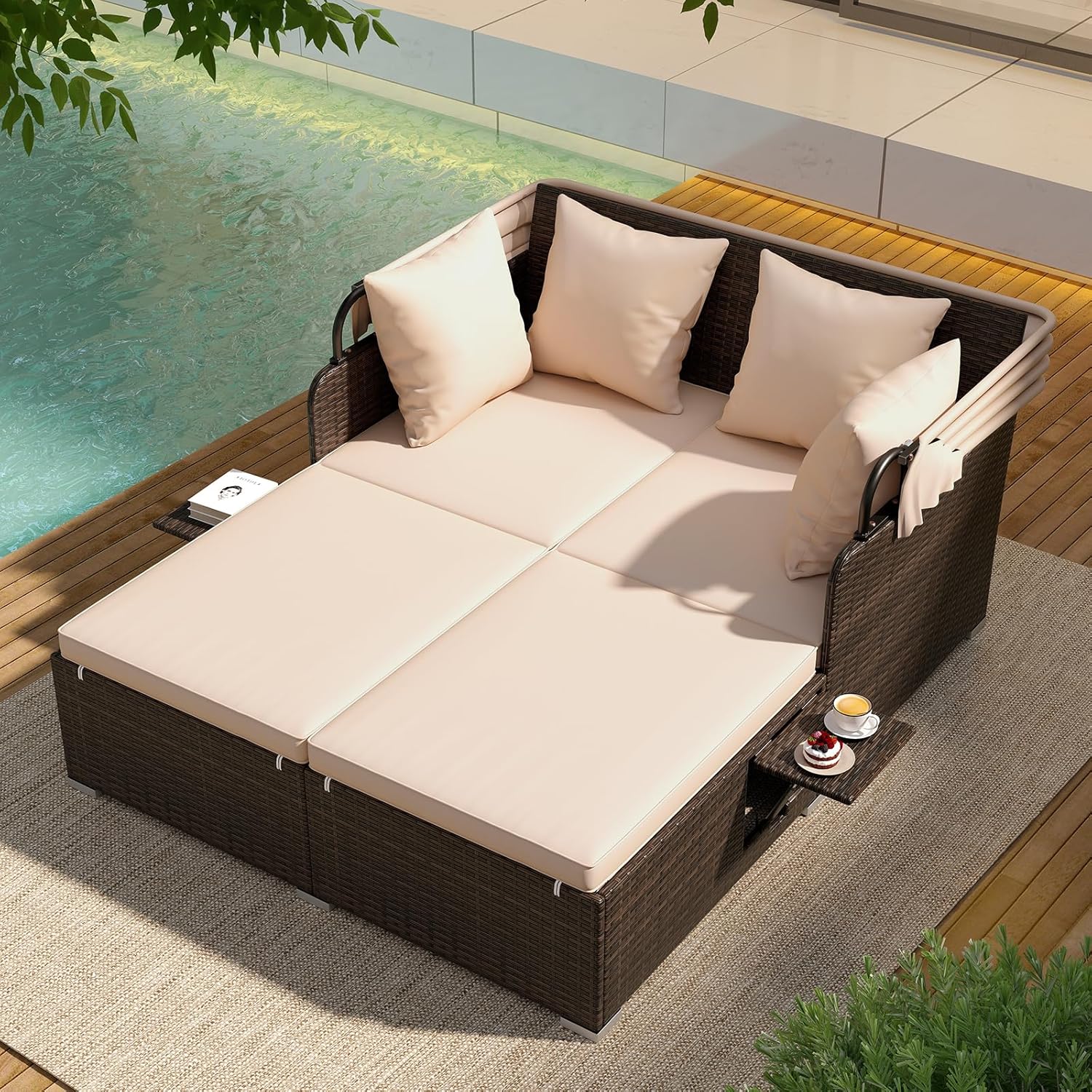 Outdoor Furniture Balcony - Outdoor Daybed, 2-Person Wicker Patio Sofa