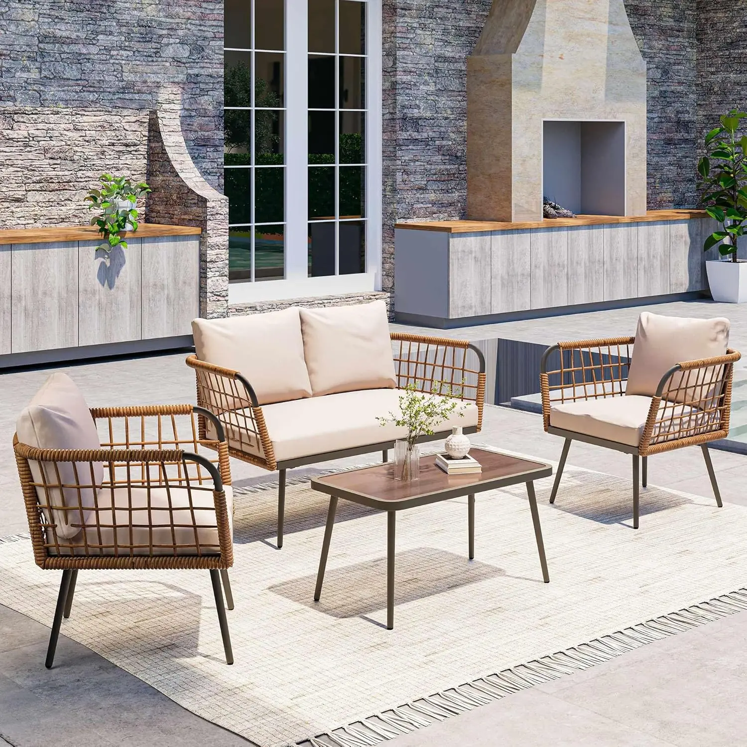 4 Piece Rattan Outdoor Furnitu - Outdoor Furniture Balcony incelemesi ve fiyatı